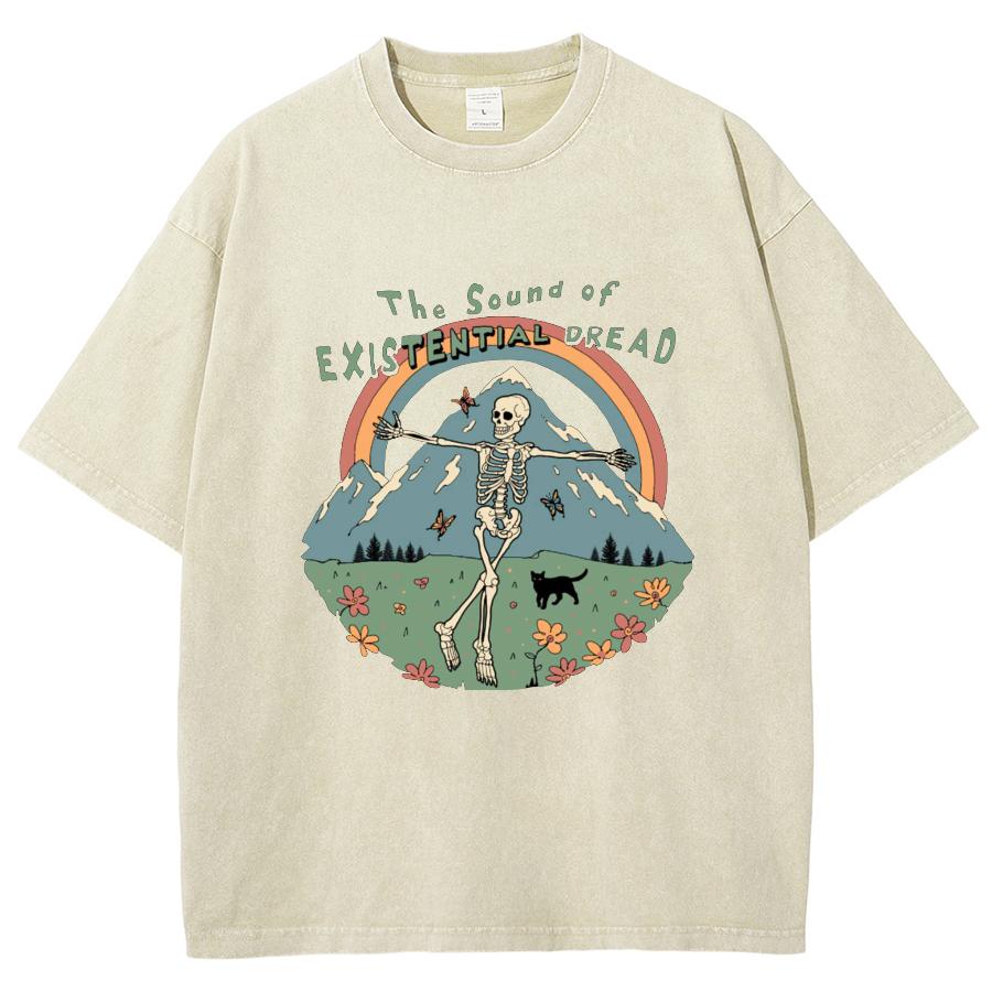 Skull Landscape Print Washed T-Shirt Large Couple Loose Wash Short Sleeve Medium Sleeve Crew Neck Dropped Shoulder