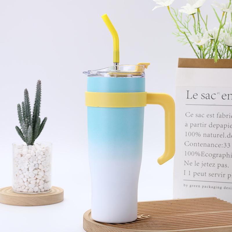 304 Stainless Steel Handle Ice Cream Cup 40oz Large Capacity Gradient Car Cup Vacuum Straw Insulated Cup