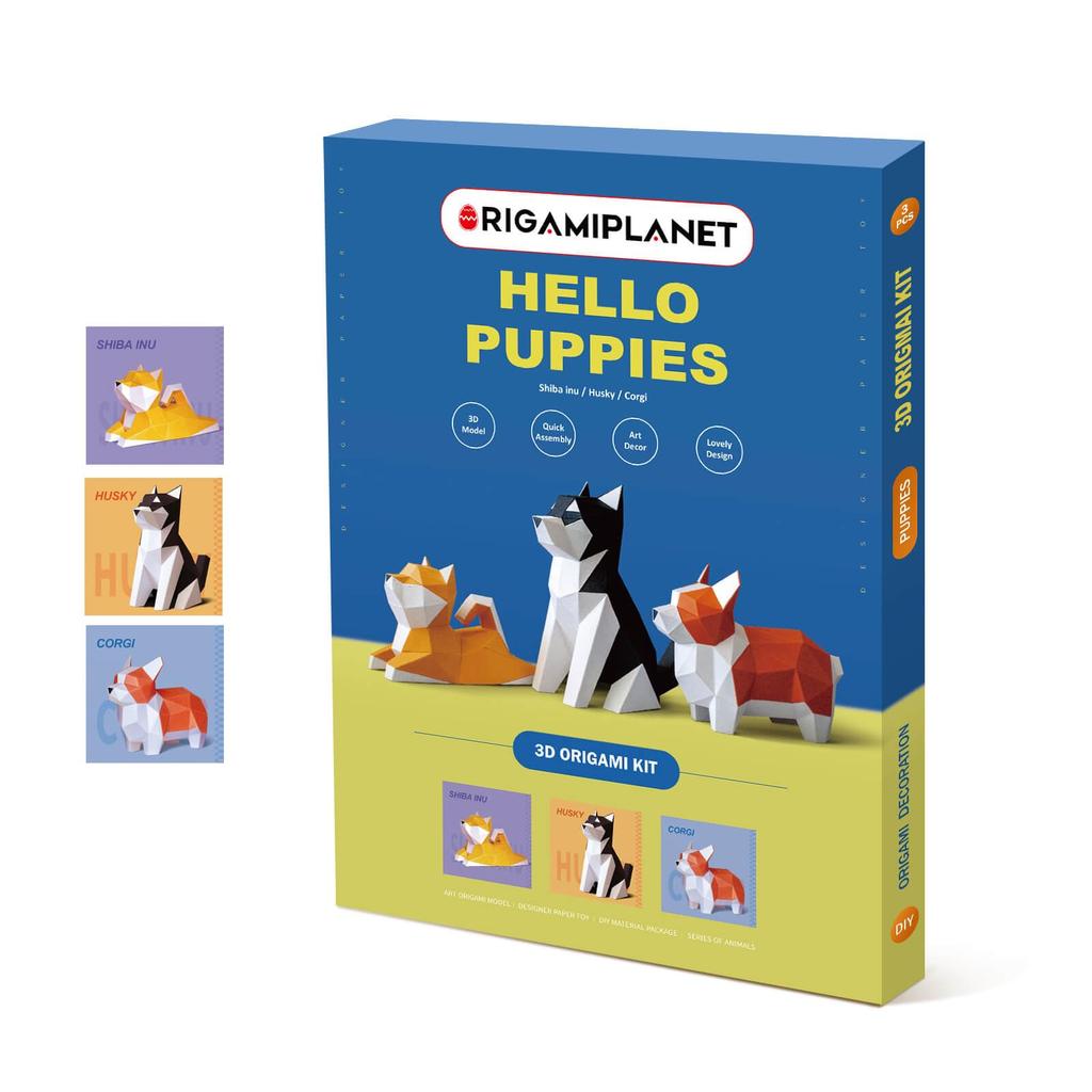 ORIGAMIPLANET Hello Puppies 3D Origami Paper Craft Gift Set 3 Inu 3D Origami Cute Animal Dog Paper Sculptures for Teens Birthday Home Decor DIY Art