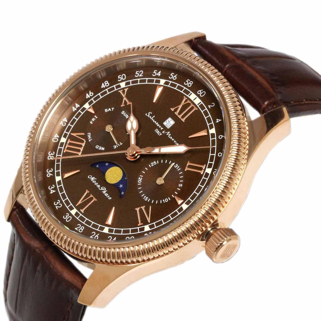 Watch Moon Phase Multi Calendar 5 ATM Water Resistant Business Formal Leather Belt Limited Model Pink Gold Brown [Salvatore Mara] Men's SM24110-PGBR