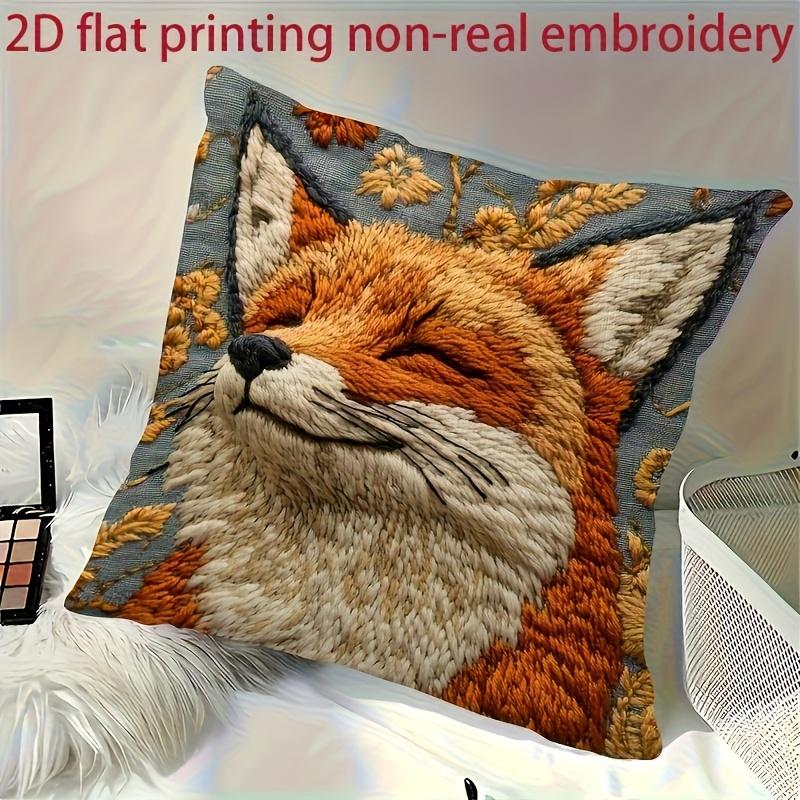 Smiling Fox Pillow Cover 2D Faux Embroidery Print Cute Woodland Animal Floral Cushion Case For Sofa Bed Couch Cozy Home Decor