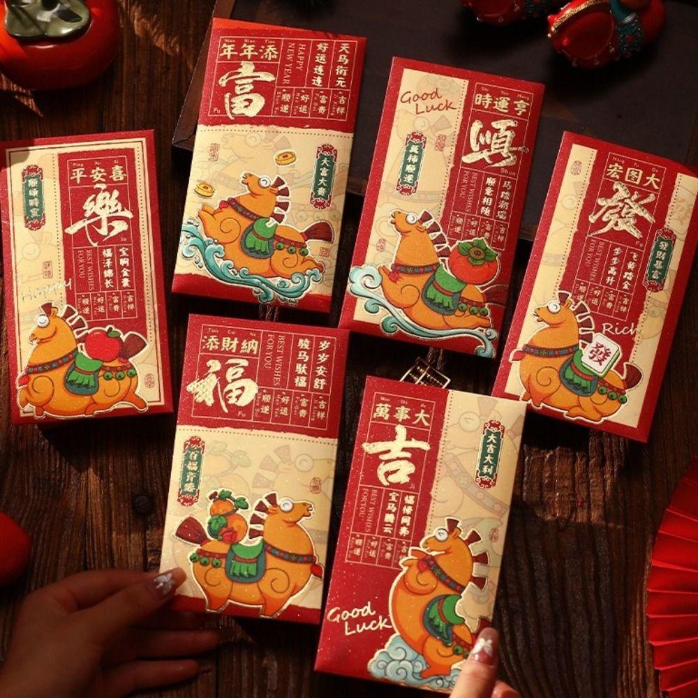 6pcs Cartoon New Year Money Envelope Traditional Mixed Pattern Horse Year Red Envelope Thickened Blessings Lucky Red Pockets