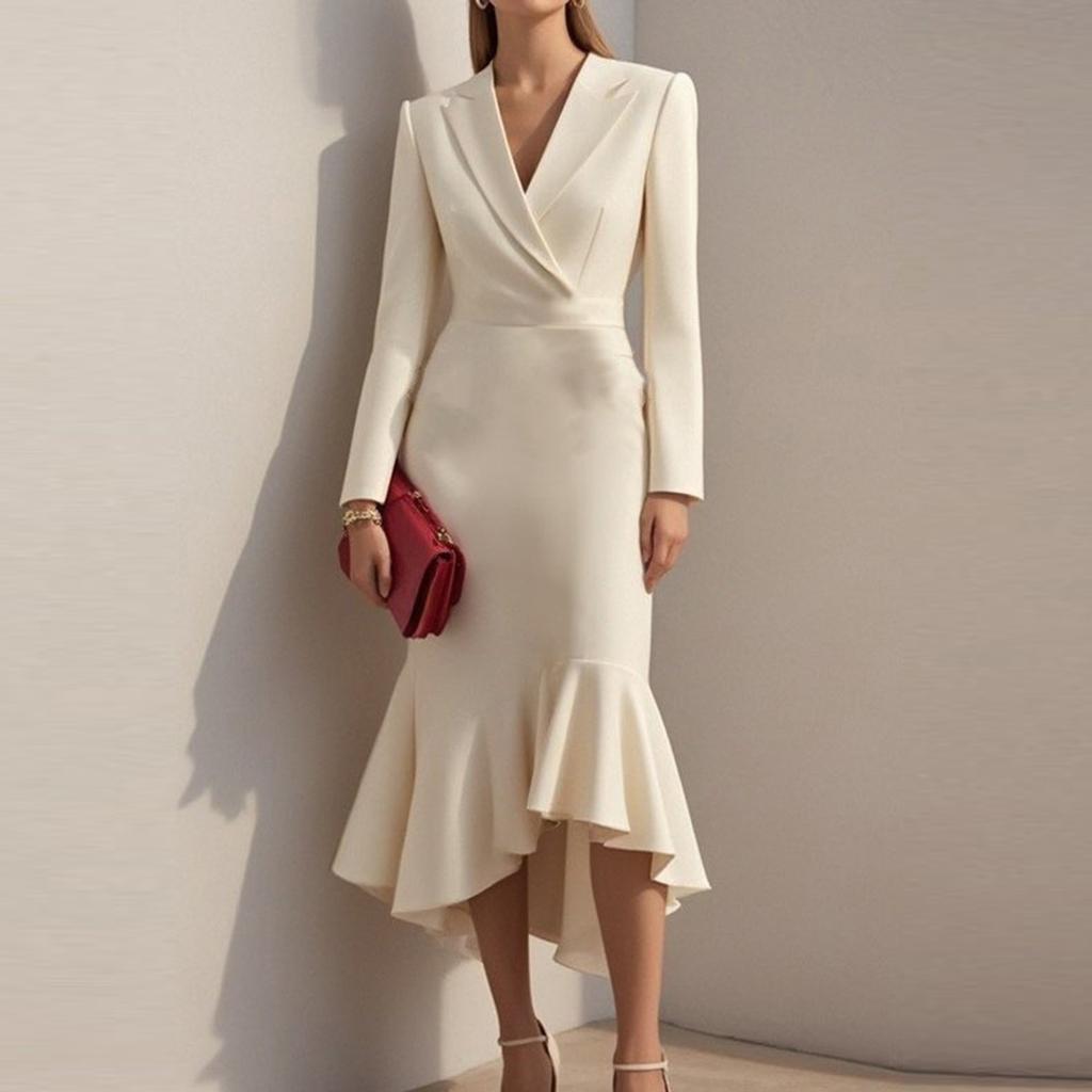 Женственная Модная Элегантность Однотонное Платье Бодикон с Длинными Рукавами, Воротником-Стойкой, Подчеркивающее Талию, Приталенное, с Юбкой Годе