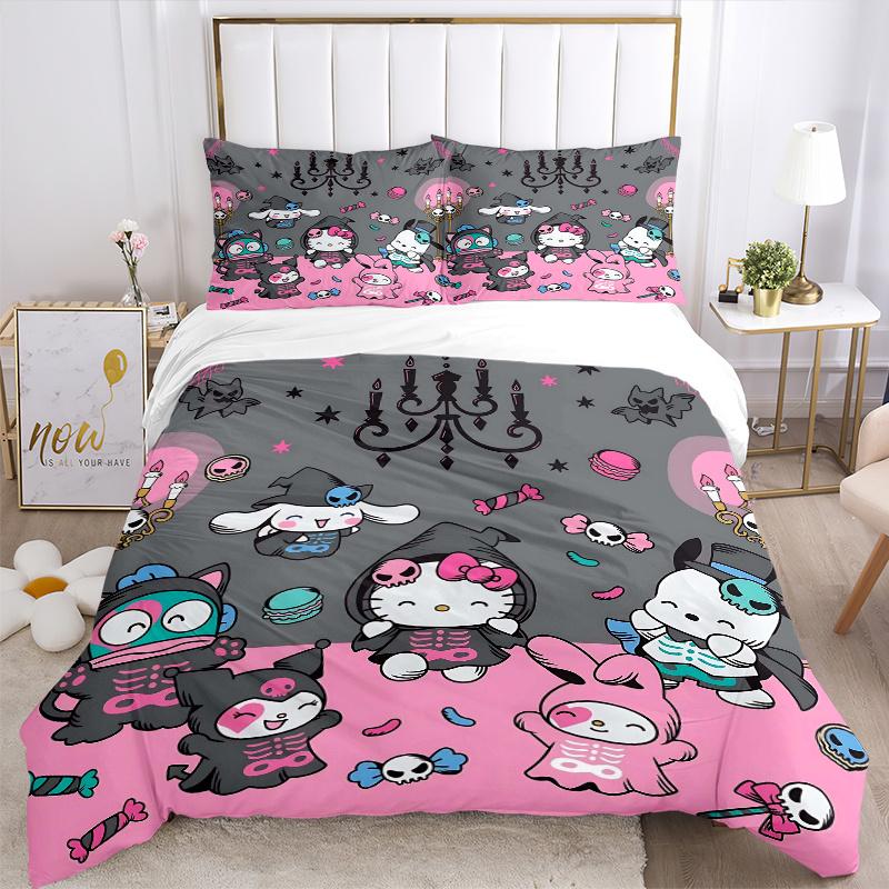 3pcs cartoon Kitty & Friends Halloween Adventure Bedding Set - 1 Soft Quilt Cover + 2 Pillowcases, Machine Washable - Suitable for All Seasons, H028