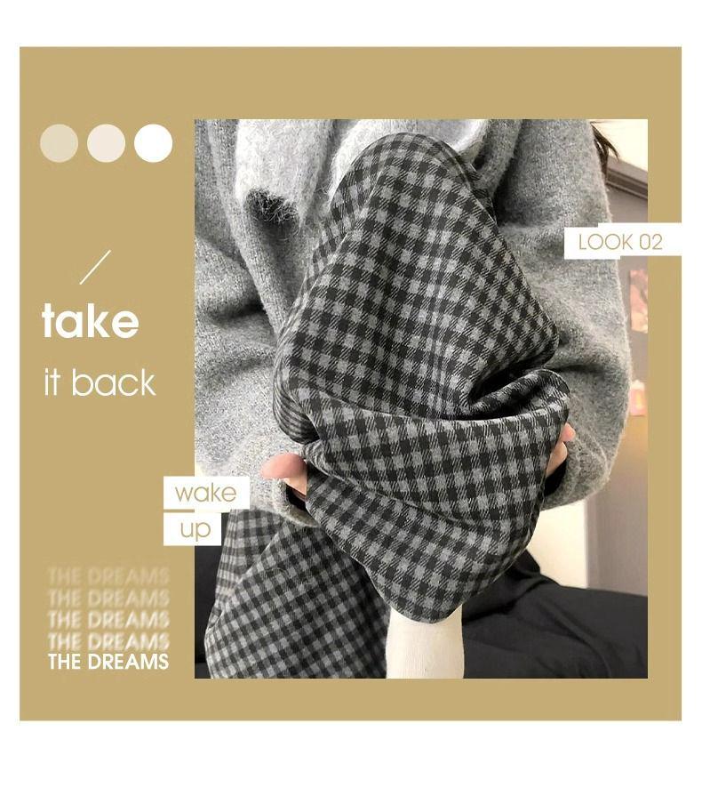High-Waisted Retro Plaid Wool Pants, Plus Velvet, Women's Autumn/Winter 2024, Black/Gray, Wide-Leg, Straight-Leg, Slimming Fit.