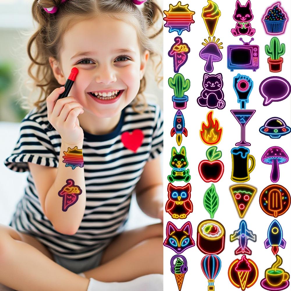 63 шт. Неоновые Временные Татуировки для Домашней Вечеринки Мультяшные Водонепроницаемые Наклейки для Арт-Татуировок на Тело Руку Одноразовые Поддельные Татуировки для Женщин Мужчин