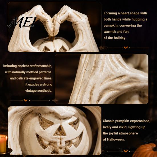 Halloween Gift for Collectors Gothic Skeleton Heart Hand Sculpture, Spooky Resin Abstract Pumpkin Statue, Vintage Yellowed Paint Statue Shape
