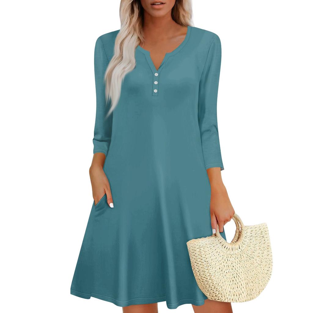 Women's Summer Dress Loose V Neck Three-quarter Sleeve Sundress With Pockets Dress