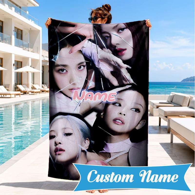 Custom Name Floral Fashion Kpop BP Beach Towel Microfiber Beach Towel, Lightweight and Quick-Dry, for Summer Travel, Swimming Pool Gift