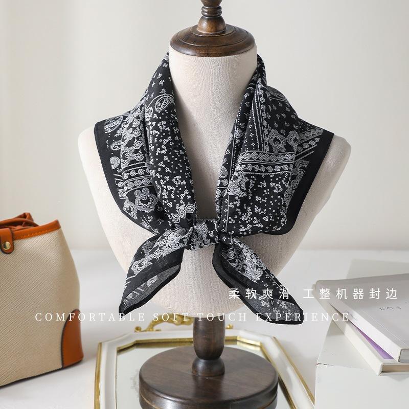 Silk scarf women's high-end neck thin black cashew flower small square scarf fashionable versatile scarf