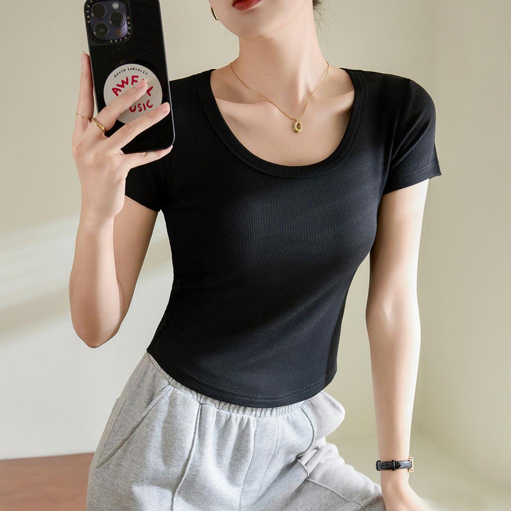 Summer Women's High Stretch Threaded Cotton Short Round Neck Curved Short Sleeve T-Shirt