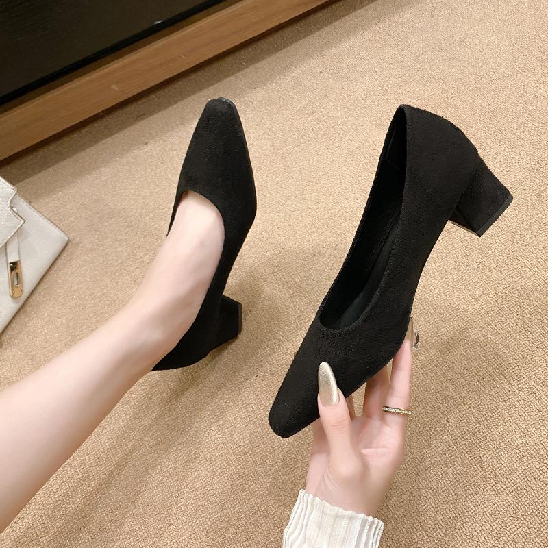 2025 spring and autumn new Korean version pointed head light mouth suede single shoes thick heel high heels middle heel versatile work shoes women