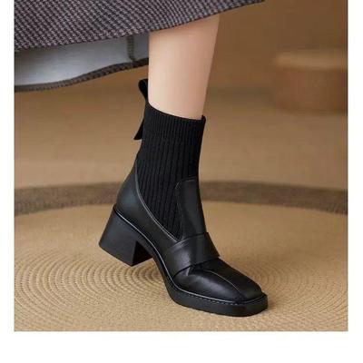 Женские вязаные ботильоны на толстом каблуке Осень/Зима 2025 - Эластичные ботинки-носки в британском стиле с облегающим голенищем