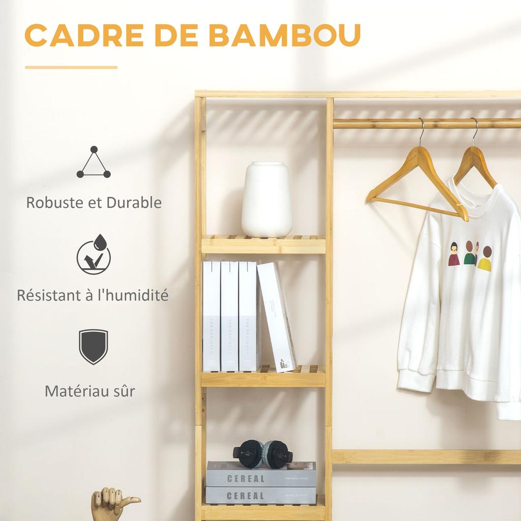 Bamboo Clothes Rack with Shelves, Hanging Rail and 2 Hooks, 90x30x155cm