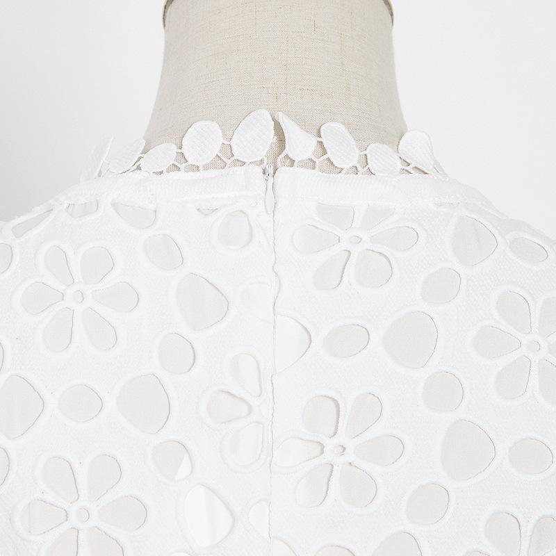 Temperament Long Women's Summer V-neck Waist Crochet Hollow French Solid Colour Swing Dress