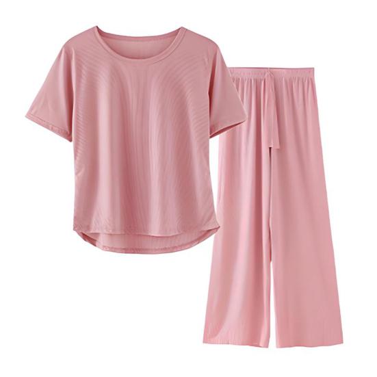 Women's Summer Pajama Set Round Neck Short Sleeve Top And Pants Sleepwear Set Casual Loose Two Piece Lounge Set