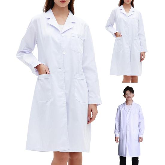 Doctor Coat White Long-Sleeved V-Neck Anti-Fouling Lab Coat Men Women Multi-Pocket Design Work Lab Coat