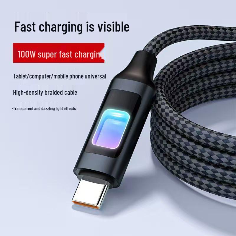 Плетеный USB-C кабель 100 Вт с быстрой зарядкой и цветным дышащим светом для Apple и Huawei 15/17