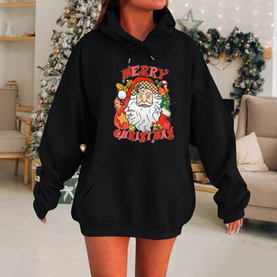 Женская рождественская толстовка с капюшоном с принтом Санта-Клауса, свободная, толстая, с длинными рукавами, эластичными манжетами и подолом, праздничная толстовка с капюшоном на шнурке и карманом