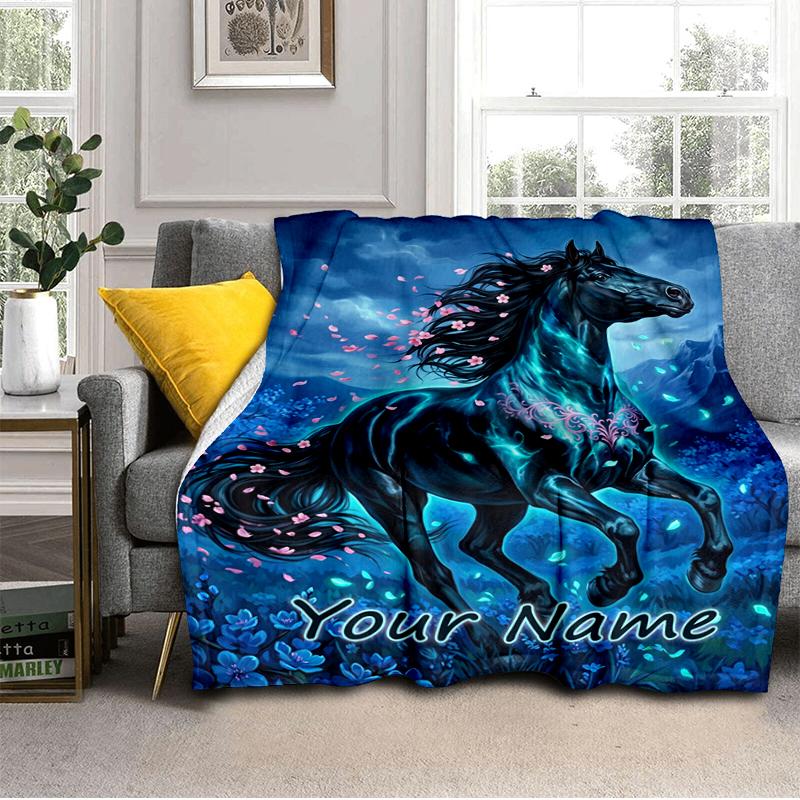 1PC Custom Name Ethereal Horse Blossom Night blanket versatile,all-season throw suitable for the living room,bedroom,camping,travel,and gift