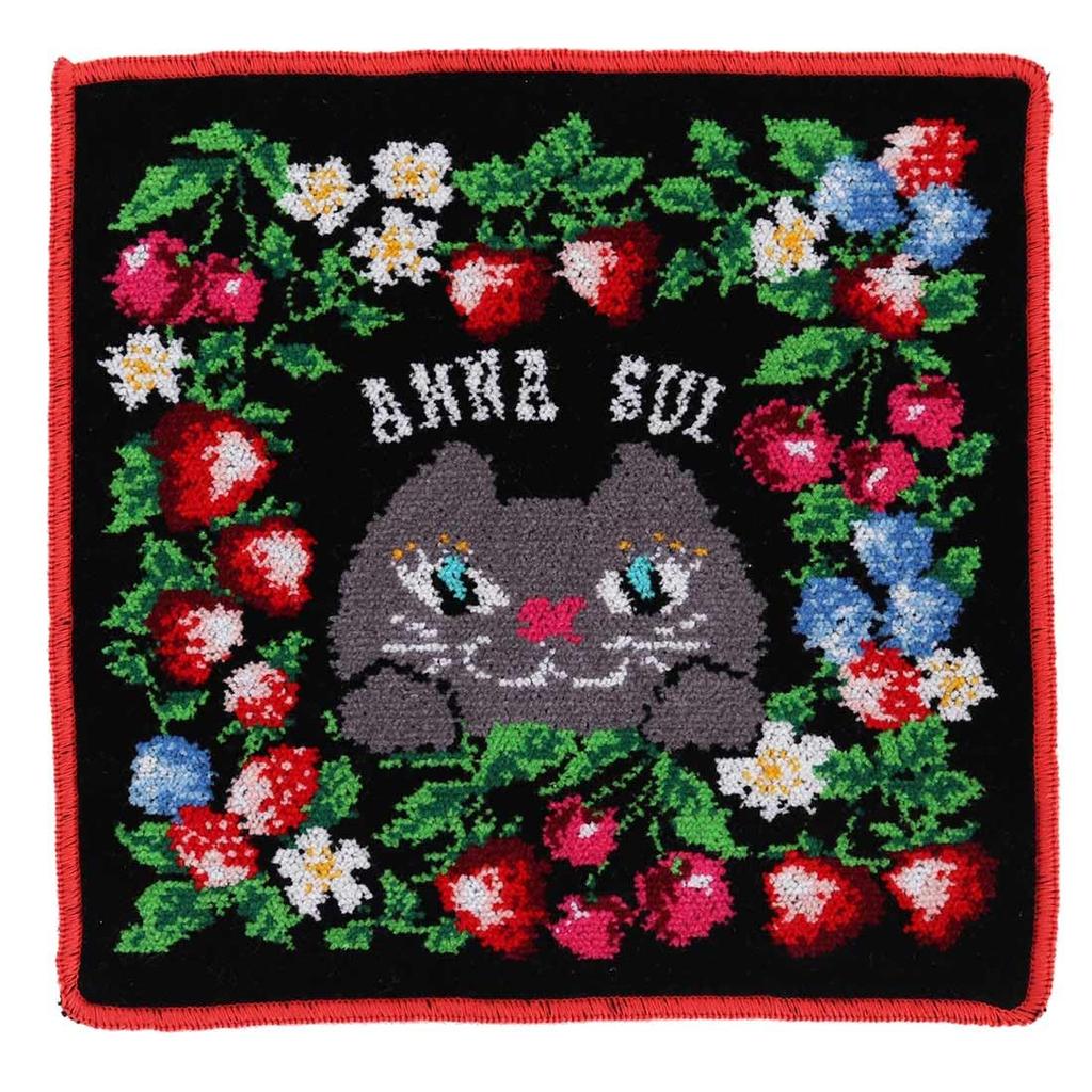 Blooming Anna Sui Chenille Cat Handkerchief Hand Handkerchief, Pattern, Women's (Black, 25cm), Towel, Towel, Women's, 000478-0002-03