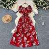 Retro Off Shoulder Dress Puff Sleeve Print Beach Vacation Women Korean Fashion Summer Vestidos Dresses