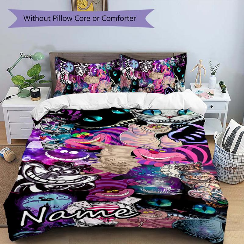 3pcs Cheshire cat1 Cover Set - Personalized Name, HD Printed Bedding with 1 Cover and 2 Pillowcases - Perfect for Home Decor, Easy Care
