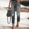 Women Denim Pants with Pockets Ripped Holes Buttons Zippered Placket Slim-Cut Long