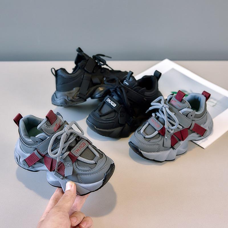 Детская обувь и кроссовки, Осенние новинки, Мужские кожаные повседневные массивные папины кроссовки, Мягкие беговые кроссовки для учеников старшего возраста.