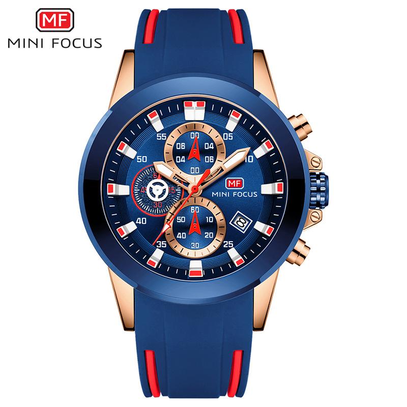 MINI FOCUS Trendy Casual Men Quartz Watch Fashion Streetwear Style Luminous Waterproof Wristwatch with Soft Silicone Strap 0287G
