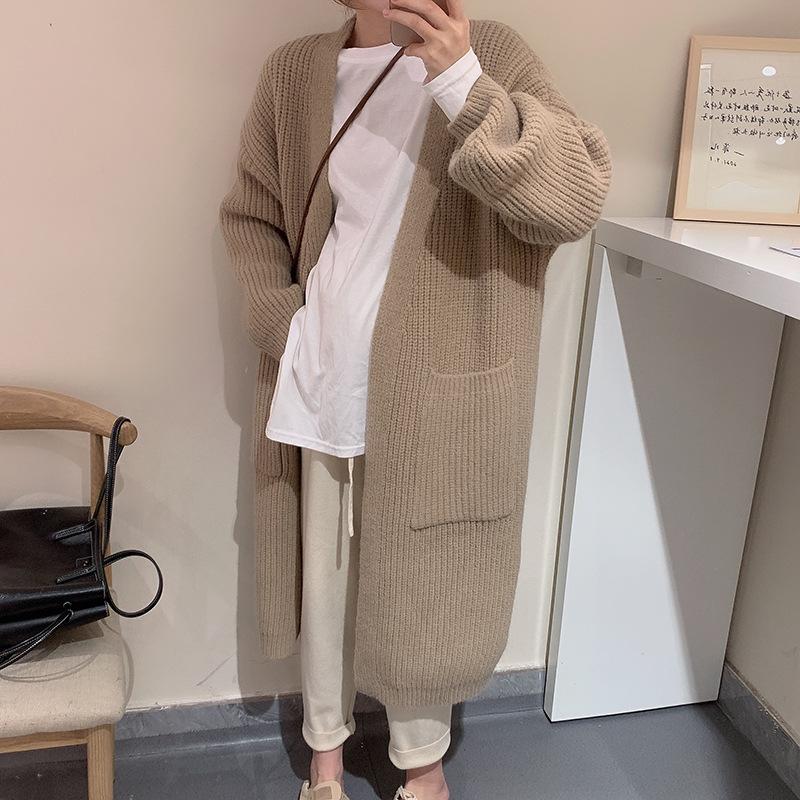 Темпераментный универсальный длинный рукав в ленивом стиле, удобный грубый свитер, свитер выше колена, осенний кардиган средней длины с большим карманом, женская одежда