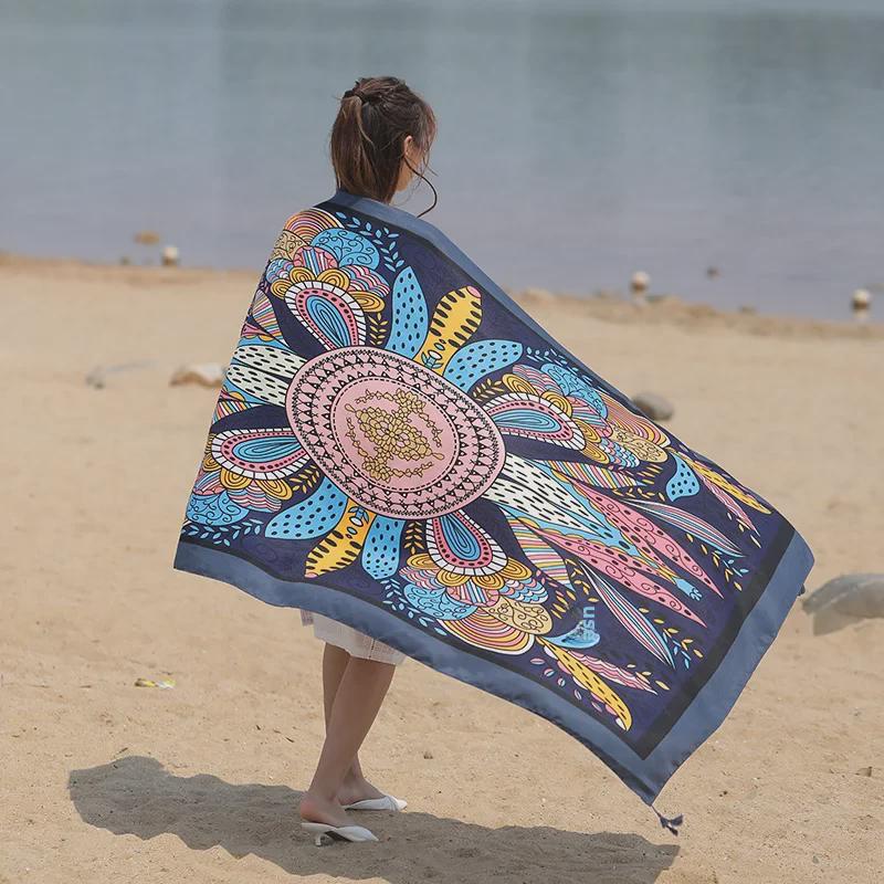 Seaside Travel Cotton & Linen Scarf: Silk Print, Sunscreen Shawl