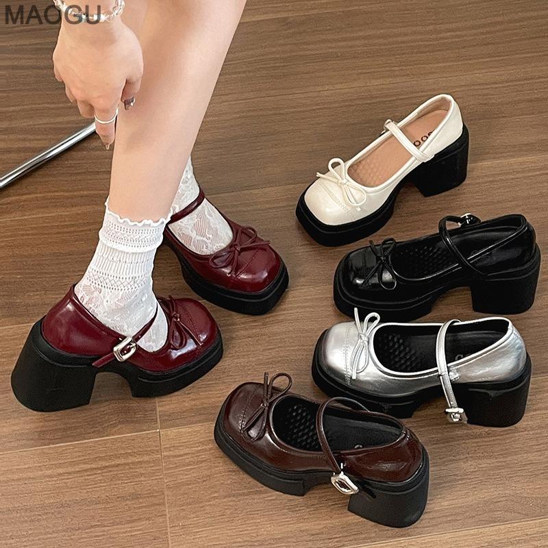 Красно-коричневые туфли Мэри Джейн в французском стиле на массивном высоком каблуке Винтажные кожаные туфли для женщин Ретро ремешки с пряжкой-бантиком