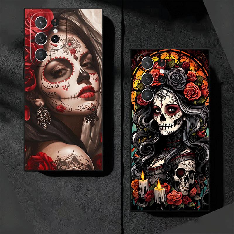 Катрина Красивая Девушка Роза Череп Мягкий Чехол для Телефона для Samsung Galaxy S26 S25 Edge S24 Ultra S23 Plus S22 S21 FE S20 Черный Чехол