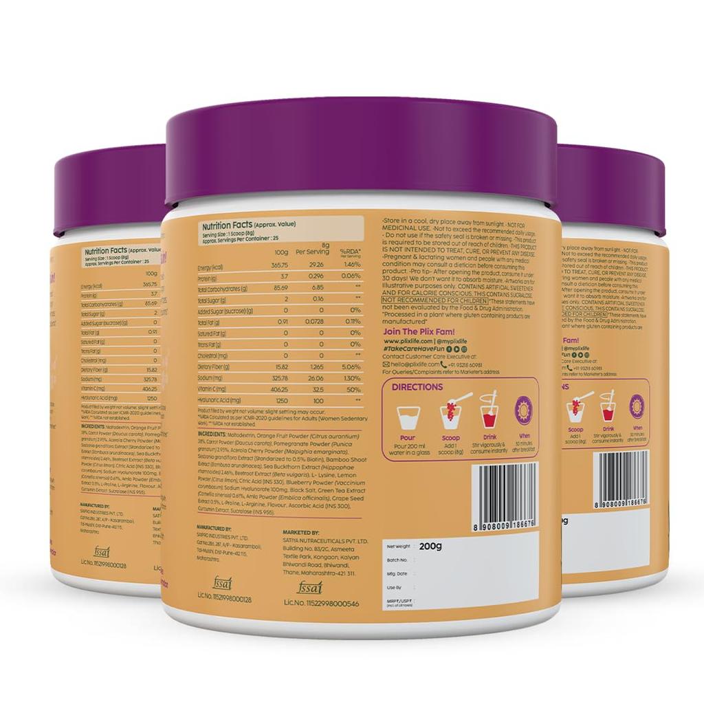 PLIX The Plant Fix Collagen Booster Powder 200gX PACK OF 3 | Skin Hydration, Antioxidants & Healthy Glow Supplement