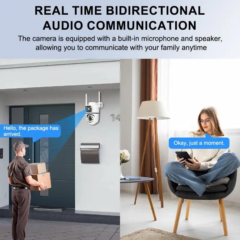 Двухобъективная WiFi камера безопасности и обзор 360°, PTZ отслеживание движения, 8МП защита безопасности IP-камера Двусторонняя аудиосвязь, Полноцветное ночное видение (Порт Type-C)