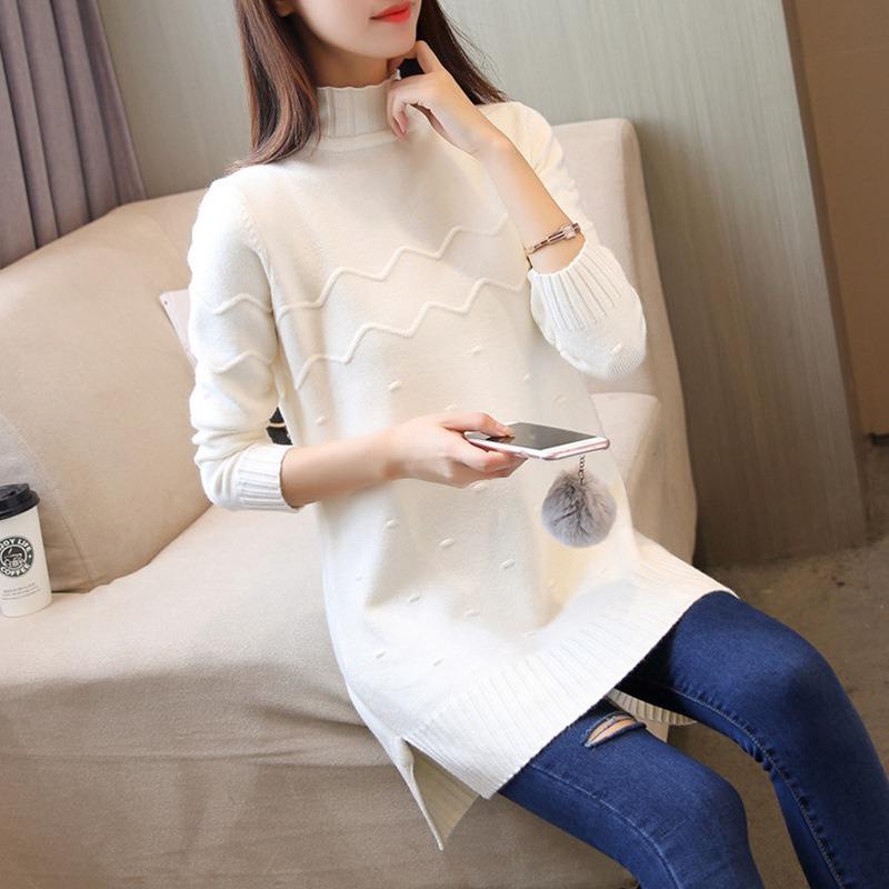 Semi-turtleneck Autumn and Winter Pullover Sweater Medium and Long Loose Long-sleeved Bottoming Shirt Solid Color Knitted Sweater Women's Clothing