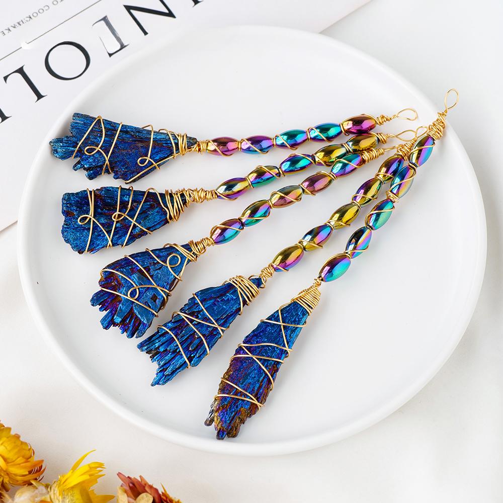 Natural Crystal Broom Black Tourmaline Aura Blaze Blue Feather Shape DIY Sweeper Witchcraft Ornaments