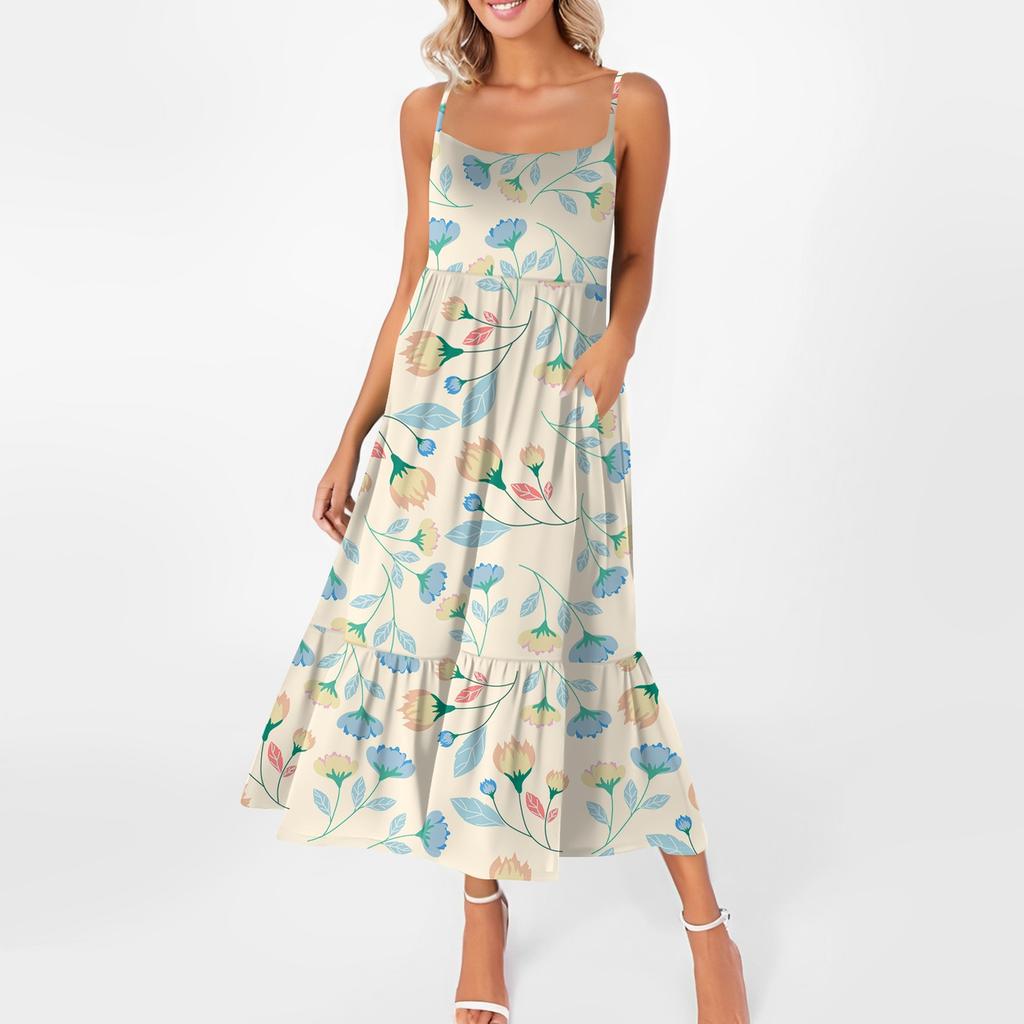 Women's Long Beach Casual Elegant Spaghetti Strap Maxi Dress Floral Low-key Flowing Bohemian Dress