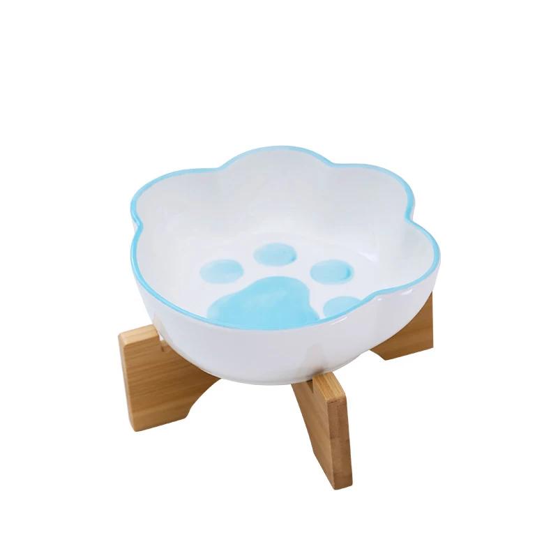 Cute Cat Dog Bowl Ceramic Pet Bowl with Bamboo Stand Cat Paw Shape Pet Drinking Bowl Food Container Cat and Dog Feeding Supplies