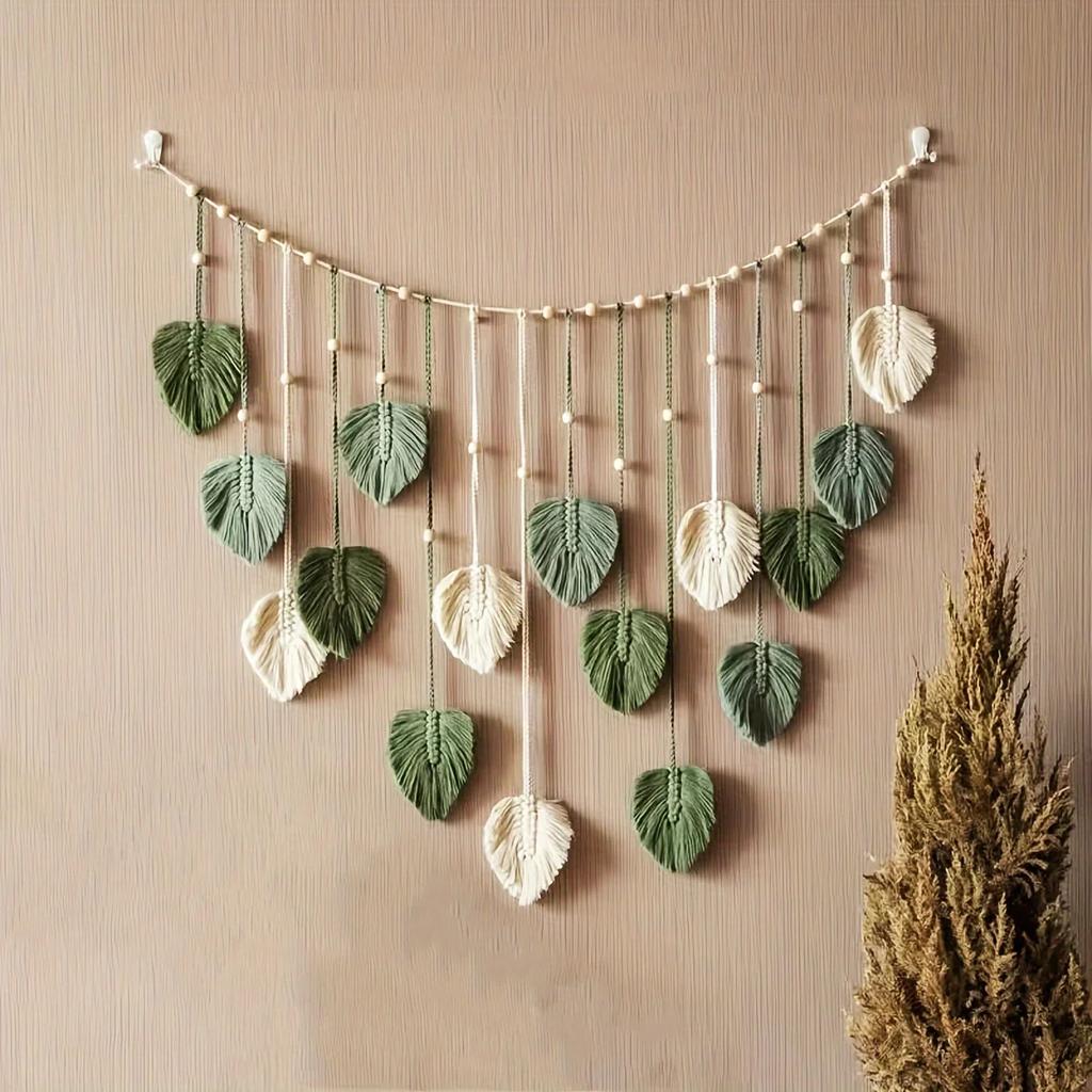 Modern Woven Wall Decor, Beautiful Room Decor, Green Leaves Hanging On The Walls, Bohemian Style, Feather, Ramadan Easter Gift