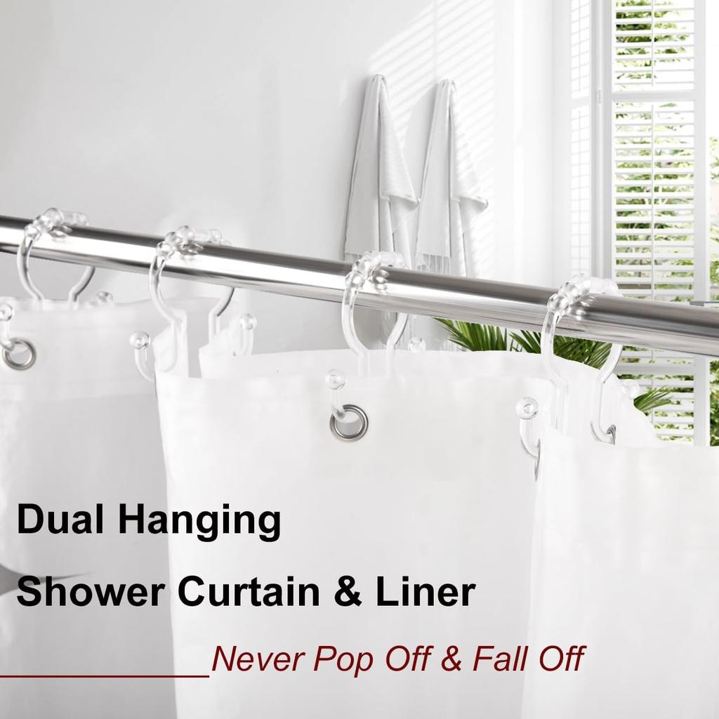 Shower Curtain Hooks, 12 Pcs Clear Shower Curtain Rings, Plastic Glide Roller Shower Hooks, Rust Proof Anti-Drop Shower Rings, Smooth Sliding Double