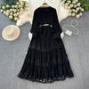 FASHION Court Style Elegant Dresses for Women Crochet Lace Hollow Out O-neck Lantern Sleeve Female Vestidos A-line Belted Dress Dropship