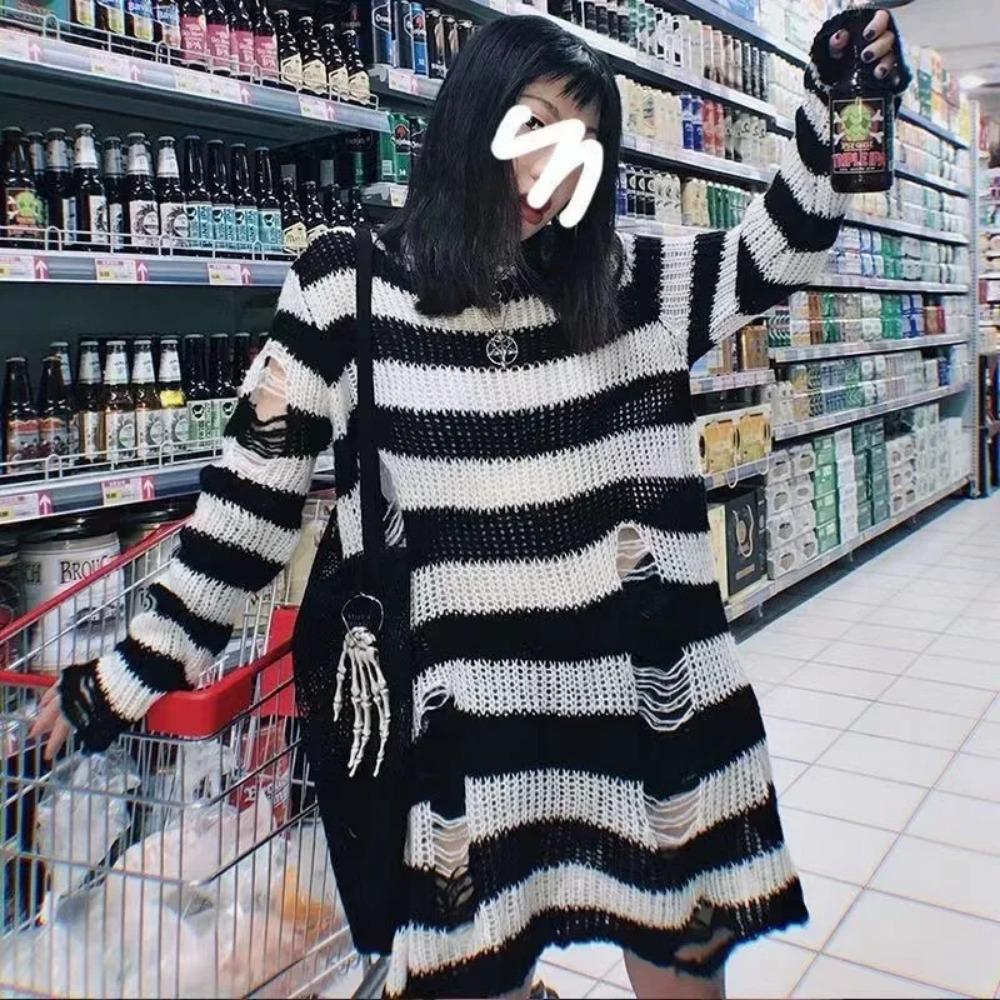 New Goth Punk Gothic Sweater Oversized Pullovers Women Striped Cool Hollow Out Hole Broken Jumper Harajuku Aesthetics Sweater