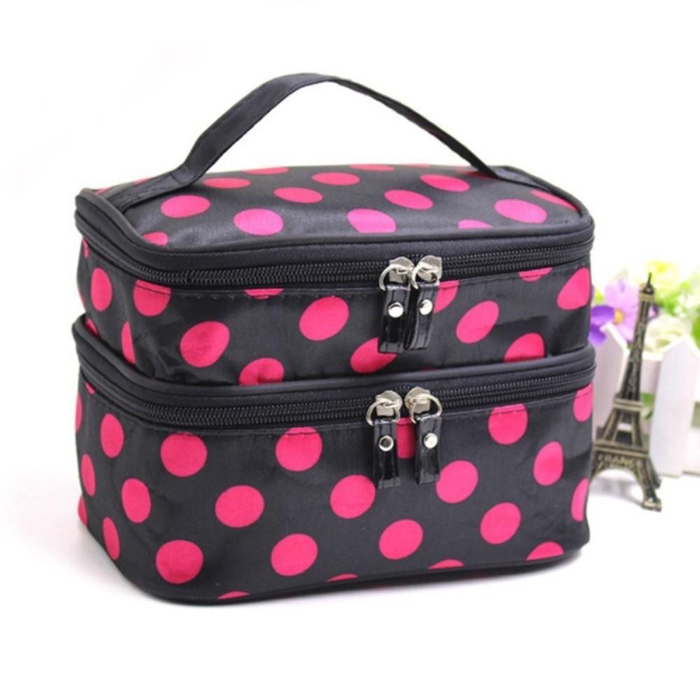 New Double-layer Makeup Bag Polka Dots Portable Travel Makeup Case Large Capacity Travel Toiletries Organizer