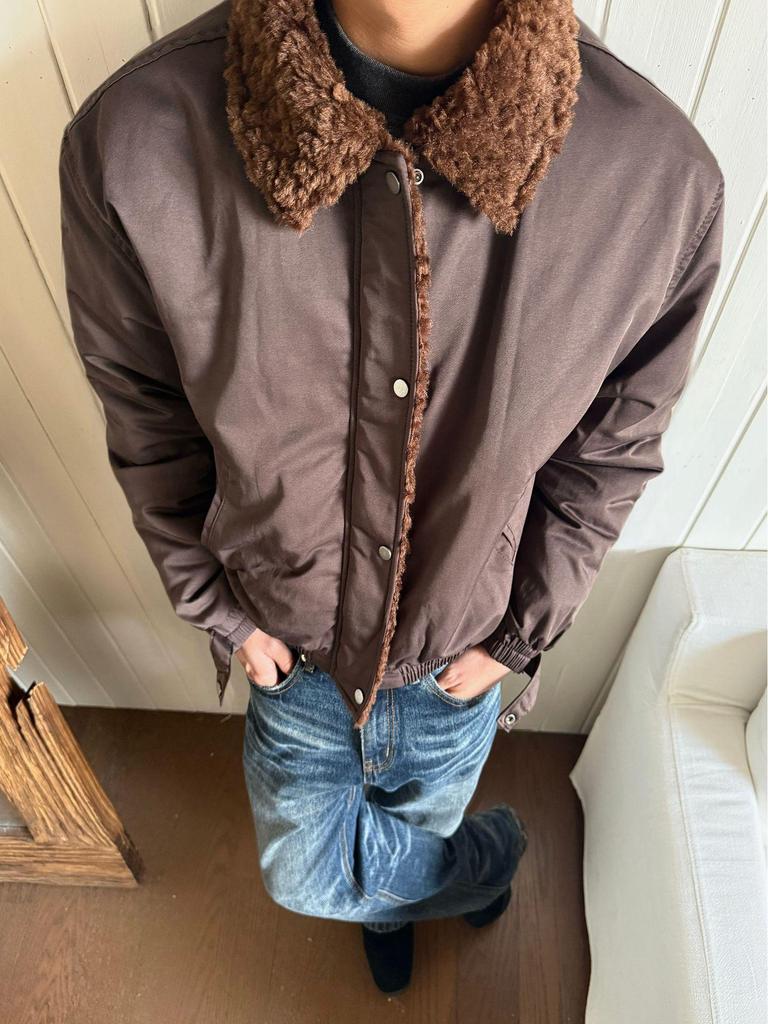 Мужская зимняя куртка-бомбер EME Yisheng Yi в американском стиле с меховым воротником и пэчворк-дизайном