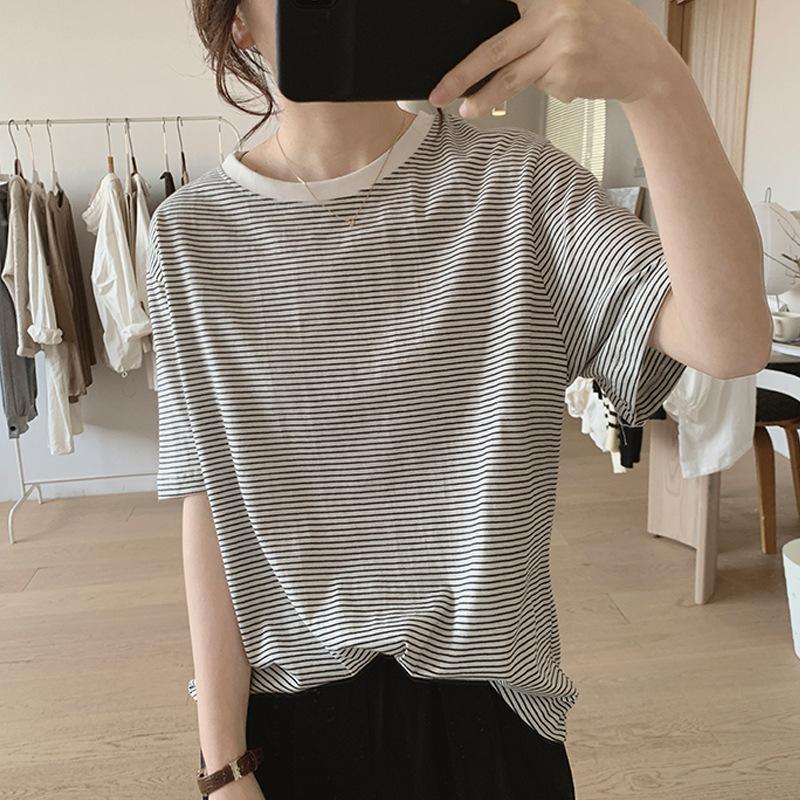 High Quality Pure Cotton Striped T-shirt Women's Summer New Loose Slim Versatile Short-sleeved T-shirt Top