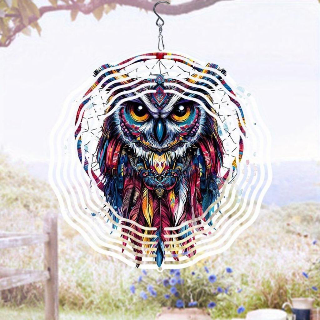 Colorful 2D Metal Owl Wind Spinner Vibrant Garden Patio Decor Outdoor Hanging Ornament for Thanksgiving Christmas Easy to Install No Power Needed