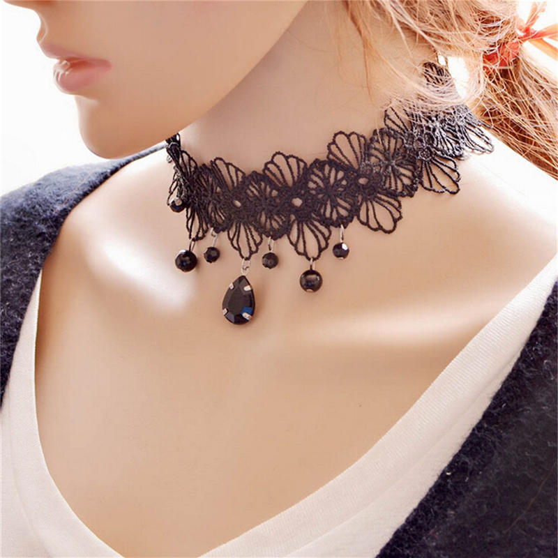Fashion Gothic Black Lace Retro Choker Collar Flower Pendant Necklace Jewelry