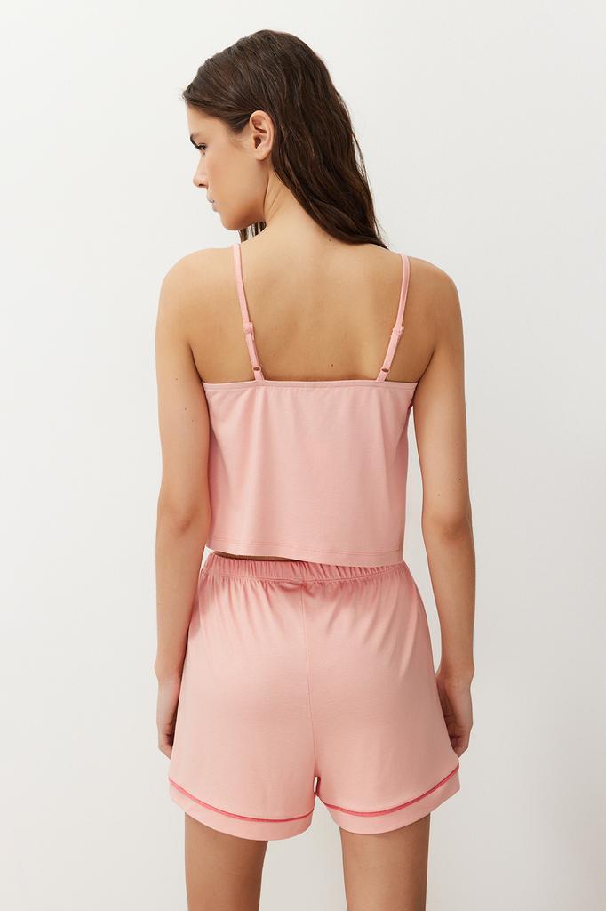 Women's Fashion New Pajama Set Powder Bias Detailed Rope Strap Viscose Knitted Pajama Set